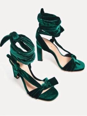 Zara Emerald Green Velvet Ankle Tie Block Heels